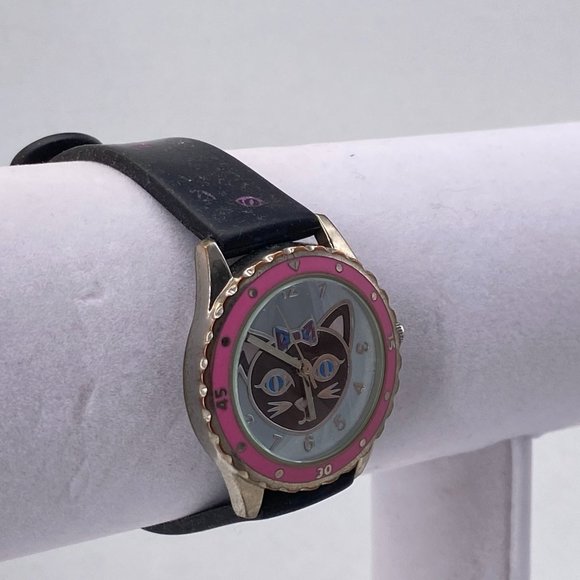 Lady  Accutime Watch Cat  Face Pink Metal Bezel Stainless Steel Snap Back - Picture 7 of 7